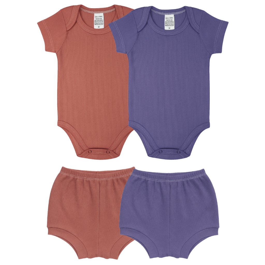 KIT 4 PEÇAS SORTIDAS FEMININAS INFANTIL - 2 CONJUNTOS BODY CANELADO (BODY + SHORTS) - PREMIUM MENINA