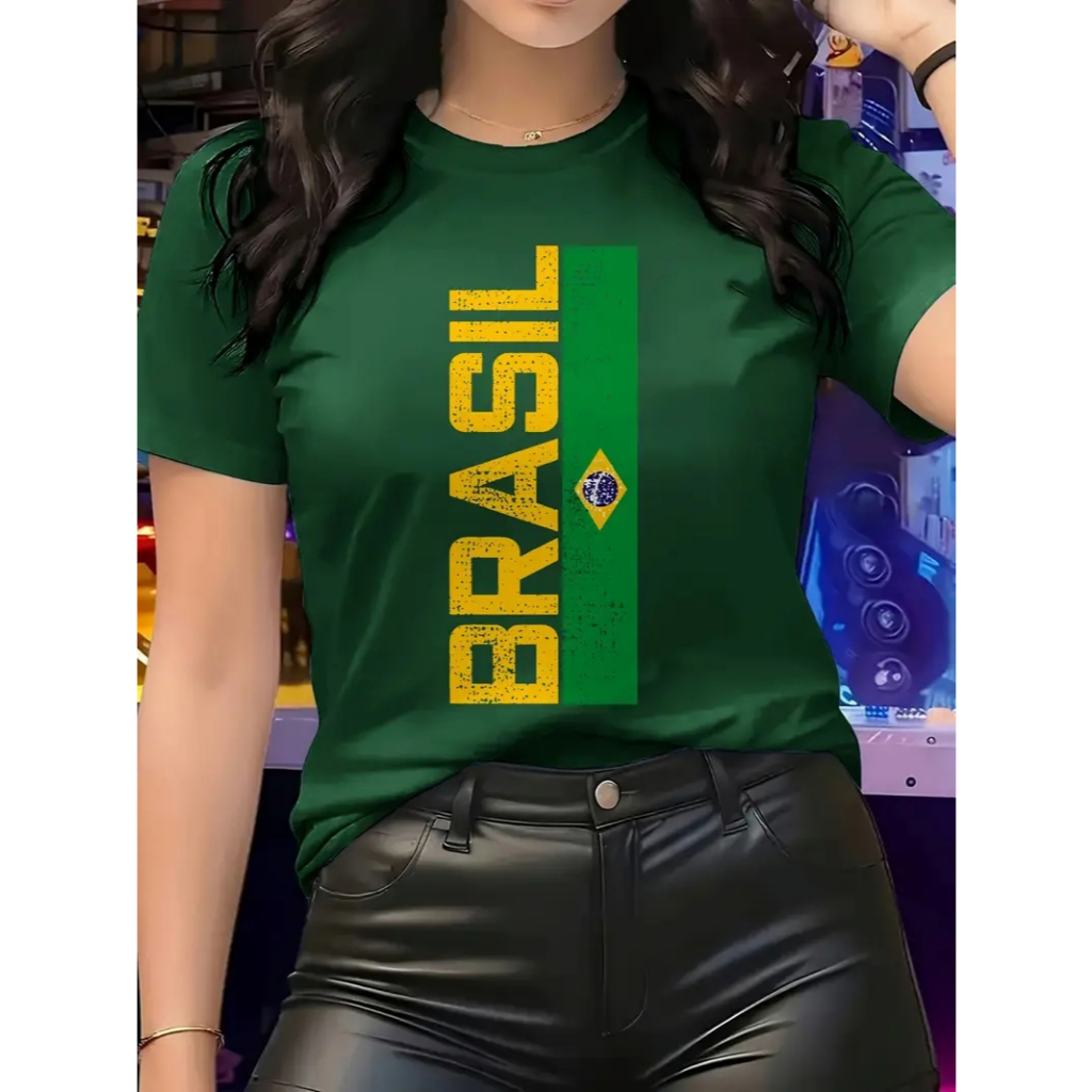 Camiseta Feminina Casual Algodão100% Estilosa Brasil Faixa em Oferta na Shopee