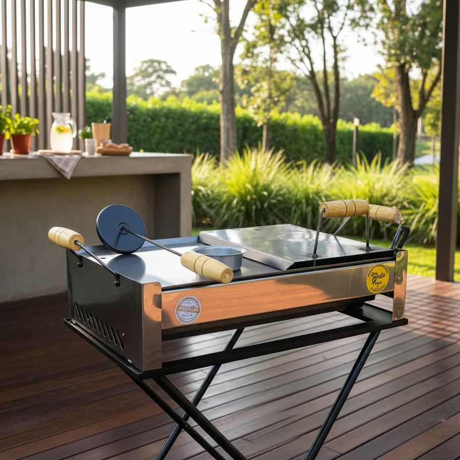 Fogão a Álcool Inox 2 Bocas com Prensa Grill e Suporte Dobrável Portátil Camping ou Cozinha Externa