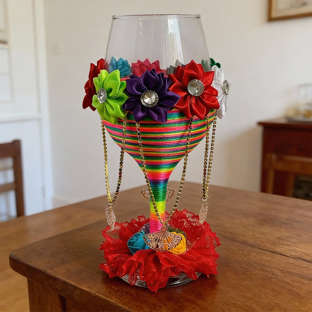 Taça Grande Cigana Exclusiva Luxo Colorida com Leques Altar Pomba Gira 7 Saias