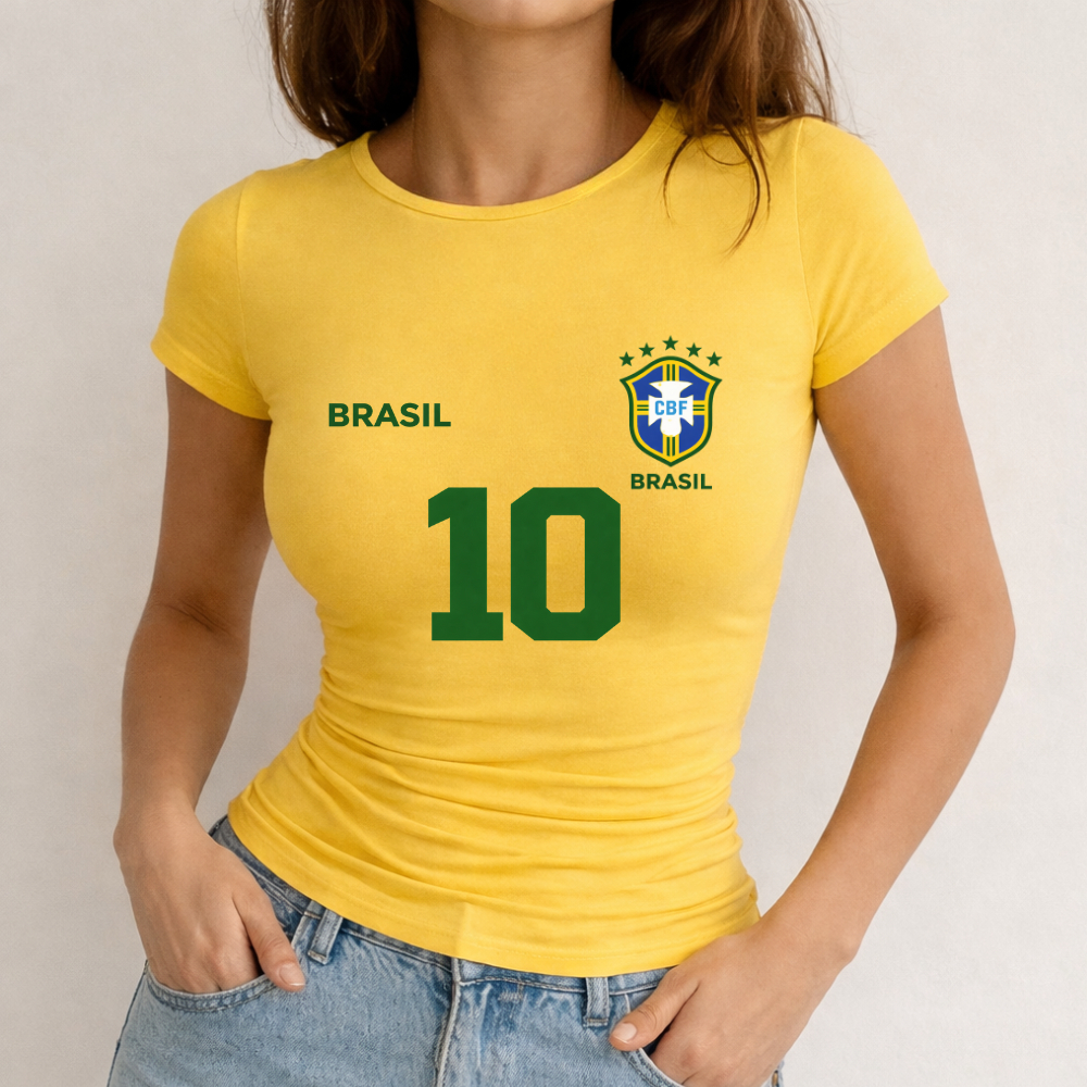 Babylook Algodão Estamp Brasil Jogador 1004 Copa do Mundo Futebol Torcedor Jogo Modinha Look Ootd