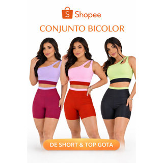 Conjunto Fitness Feminino Bicolor Short Suplex Cintura Alta Não Transparente Academia Fitness Treino em Oferta na Shopee