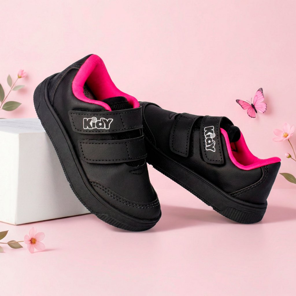 Tênis Infantil Escolar Kidy College Volta ás Aulas Calce Fácil Preto e Pink em Oferta na Shopee