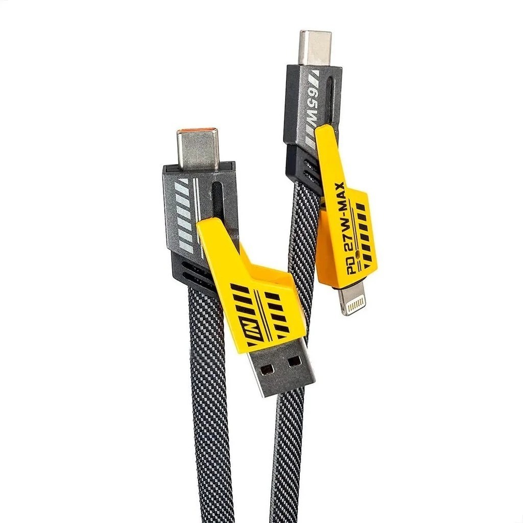 Cabo Carregador Rápido 4 em 1 65W – 1 Metro – USB-A e USB-C para Type-C e Lightning Nylon Preto