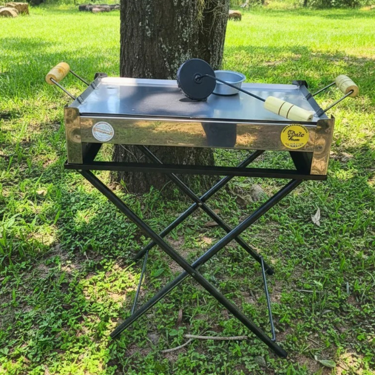 Fogão a Álcool Inox 2 Bocas com Chapa Grill e Suporte Dobrável Portátil Camping ou Cozinha Externa