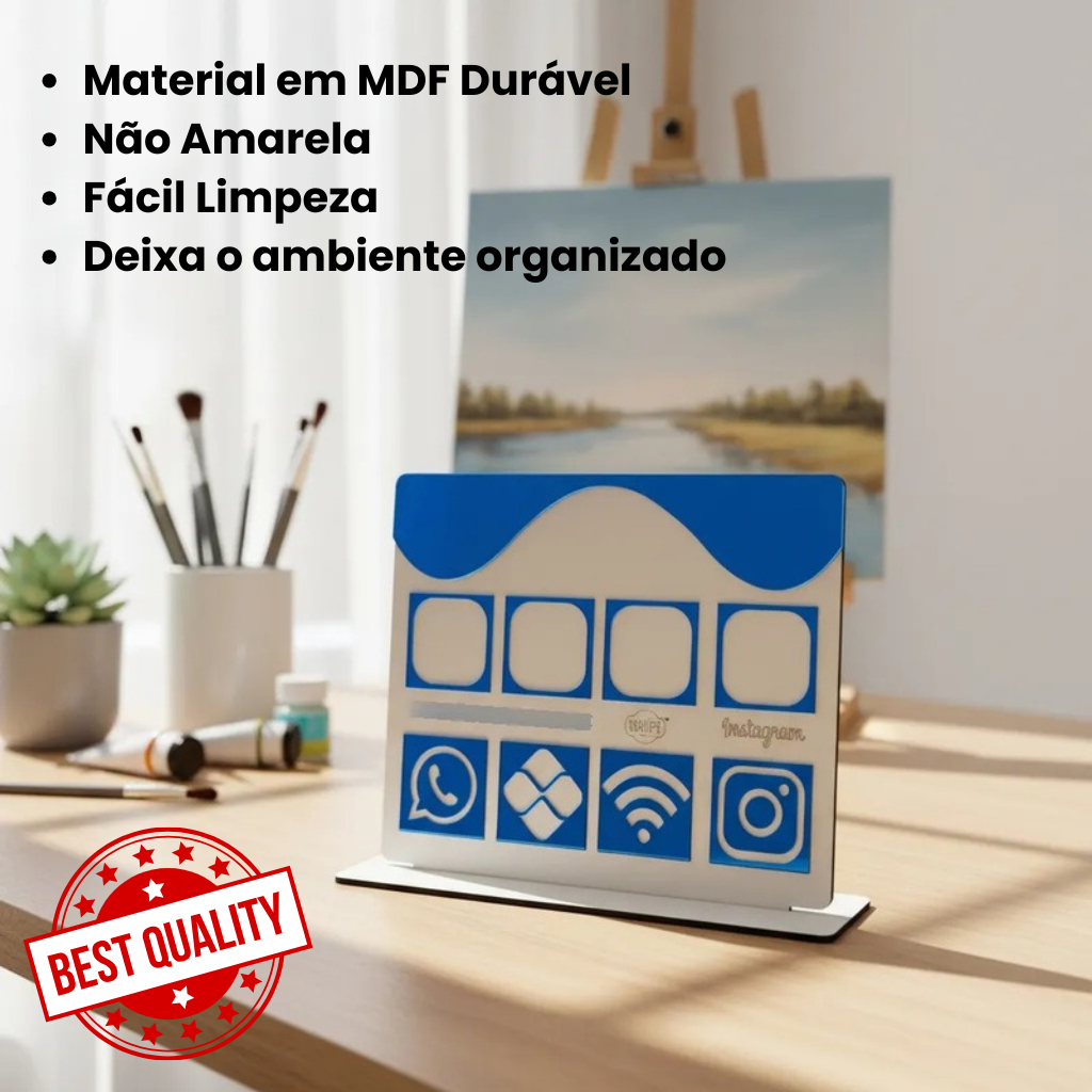 Placa Display de Mesa e Balcão para 4QR Code  WHATS PIX WIFI E INSTAGRAM no MDF e Acrilico