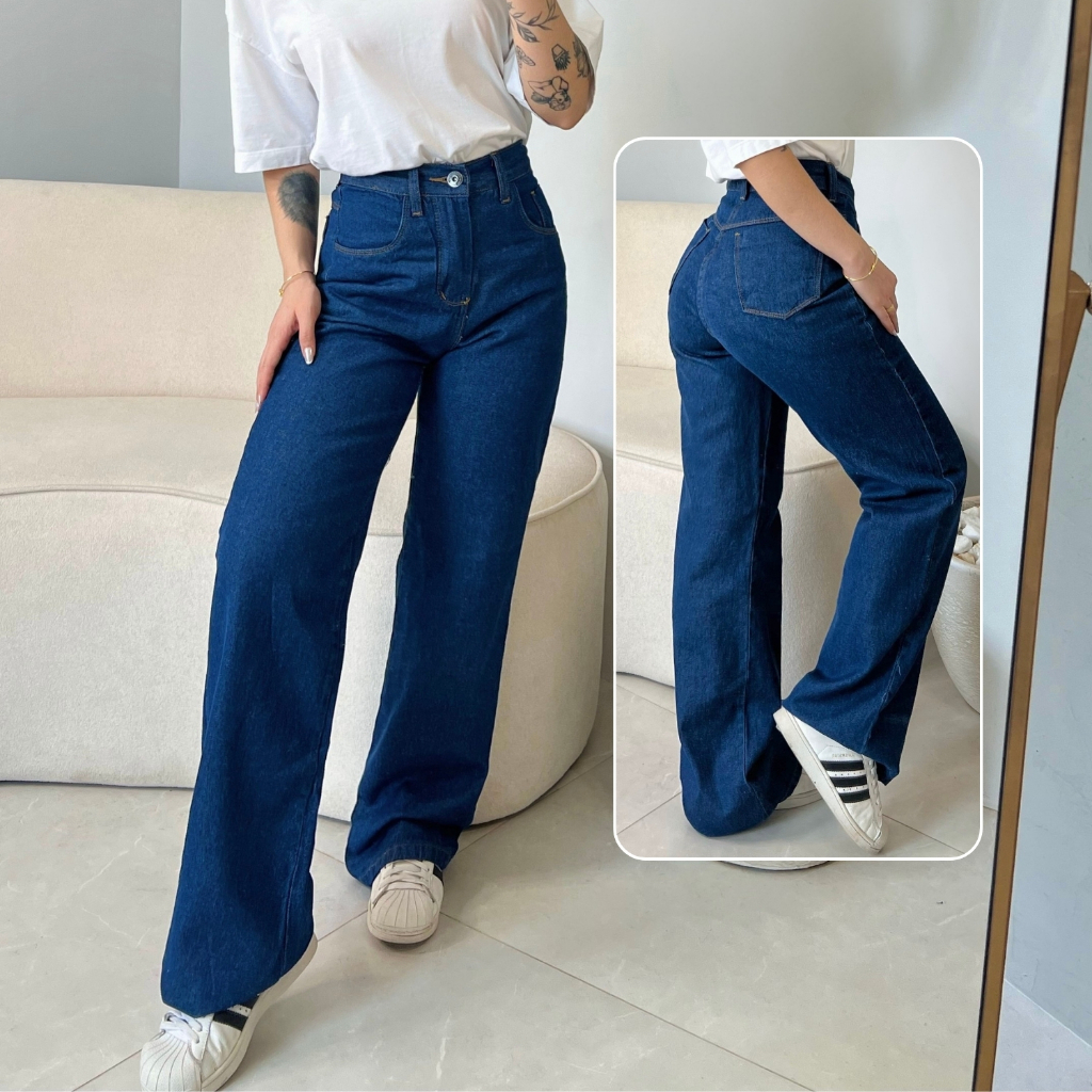 Calça Jeans Feminina Wide Leg Marmorizada Cintura Alta