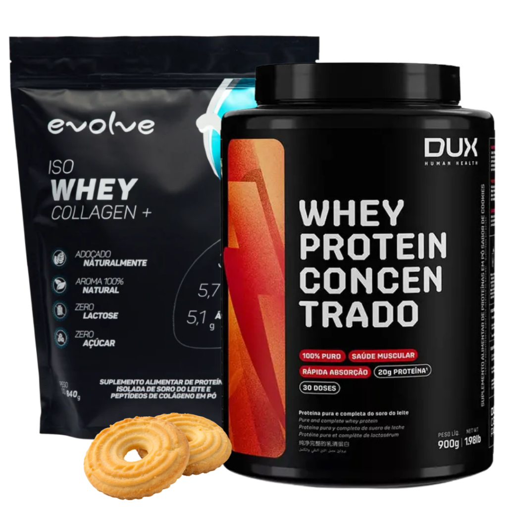 KIT PROTEIN PRO - 1 WHEY CONCENTRADO 900g DUX + 1 WHEY ISOLADO ISOLADO COM COLÁGENO 840g EVOLVE