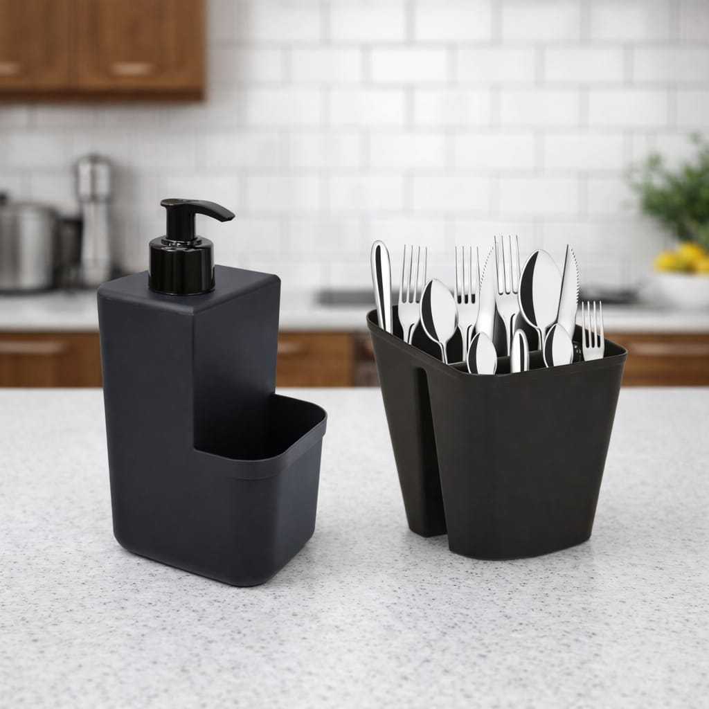 KiT Cozinha 2 Pecas Com Escorredor Porta Talheres Com Divisorias  +  Porta Detergente E Esponja Dispenser Pia Cozinha