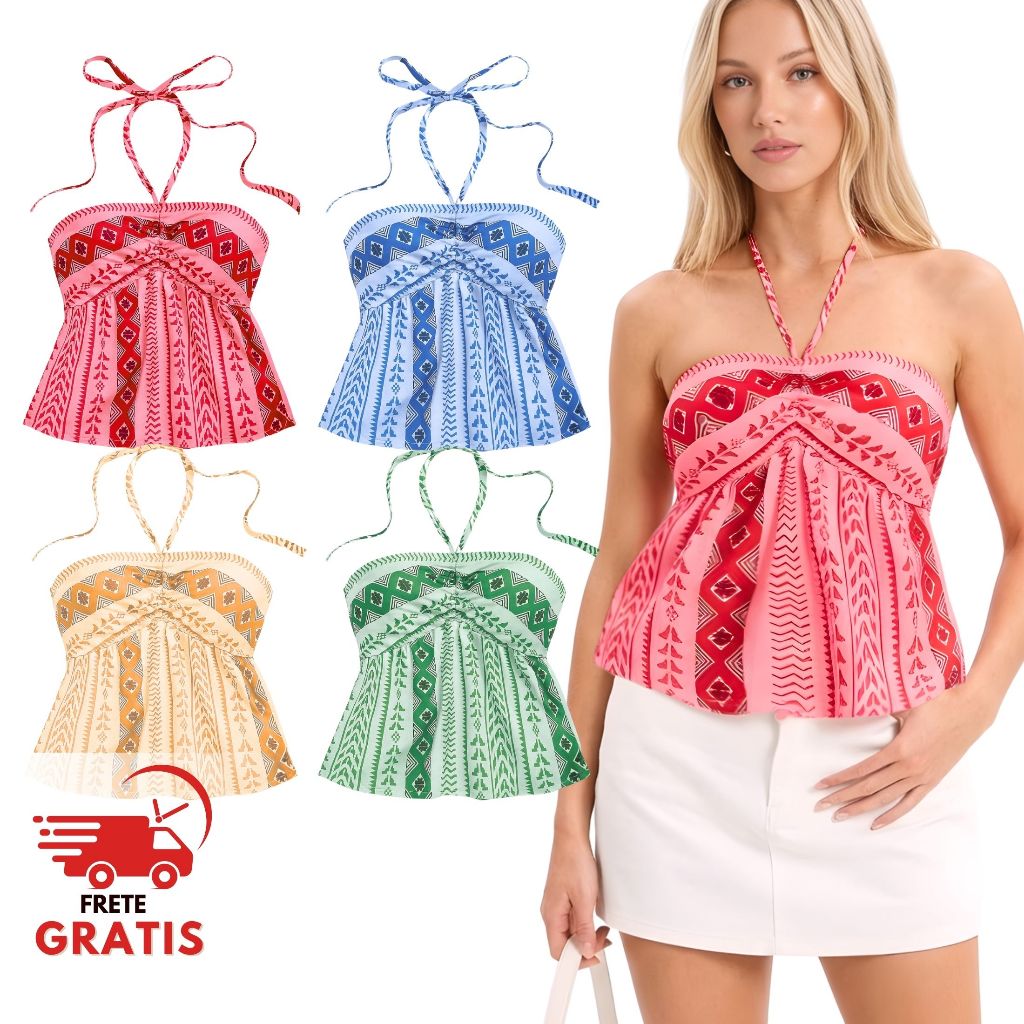 Blusa Feminina Boho Tribal Top Halter com Lastex e Amarração Pescoço Verão- Carnaval, Festa