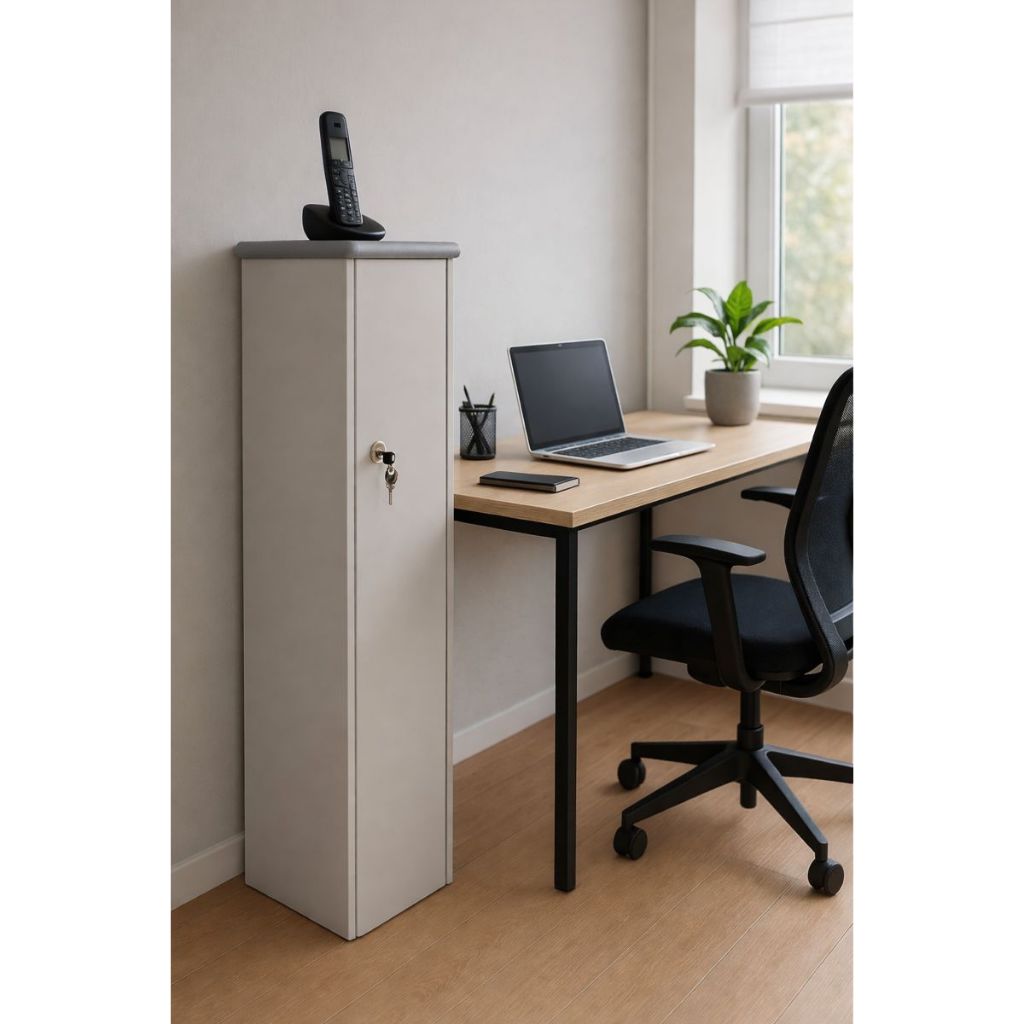 Armário de Escritório Cinza com Chave – Móvel Multiuso para Home Office e Organização Profissional