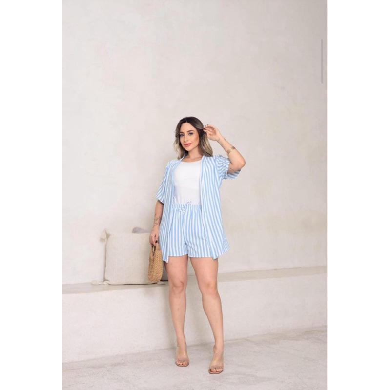 Conjunto Listrado Kimono Femenino Blusa e Short Confortavel — imagem 2 de 2
