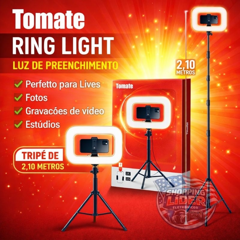 Ring Light Tomate 26cm com Tripé Profissional 2,10m – Iluminação LED para Live, Fotos e Vídeos em Oferta na Shopee