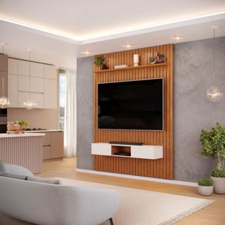 Painel com Bancada para TV até 65 Polegadas Ripado DJ Móveis Trento 183 Freijó Off White em Oferta na Shopee