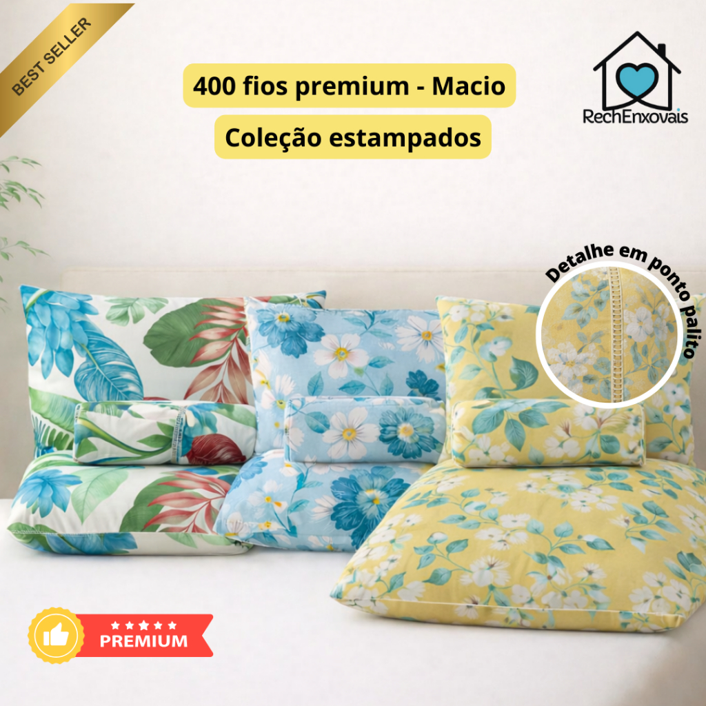 Kit jogo Lençol 400 fios MicroPercal 03 Peças Ponto Palito Estampado Macio Premium