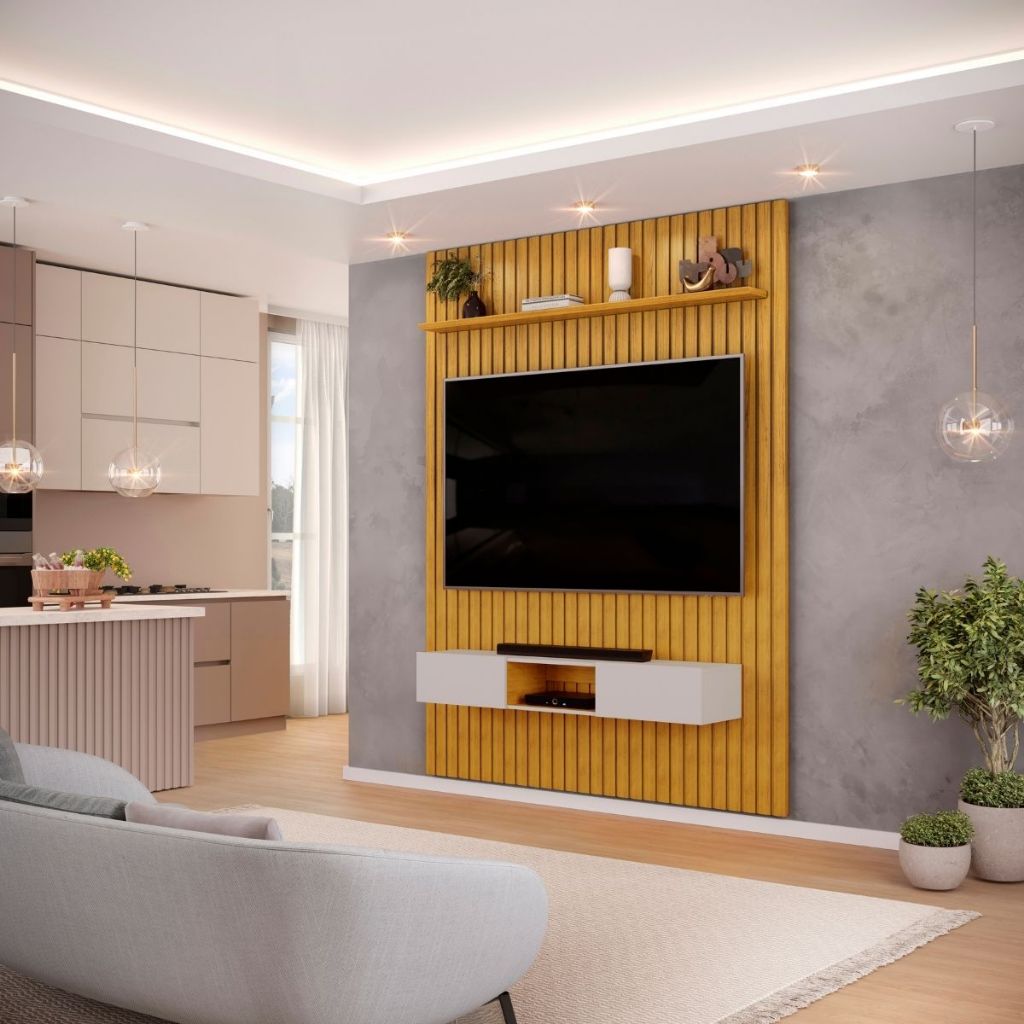 Painel com Bancada para TV até 65 Polegadas Ripado DJ Móveis Trento 183 Cedro Bali em Oferta na Shopee