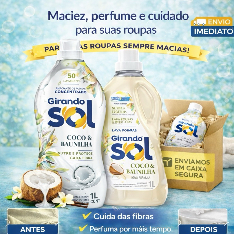 Amaciante Girando Sol Concentrado 1L +Sabão lava roupas 1L Coco com Baunilha Girando Sol em Oferta na Shopee