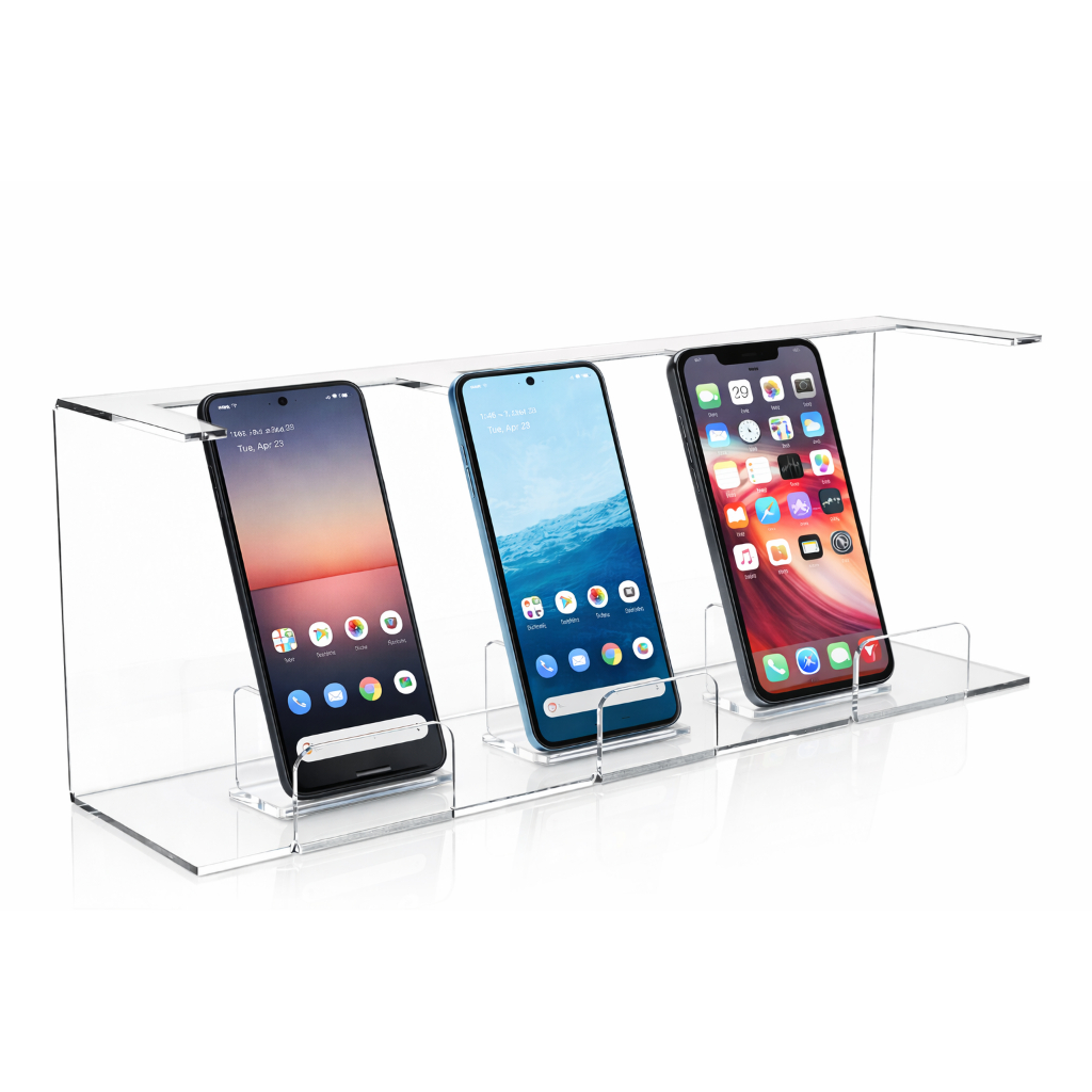 Suporte Expositor Apoio De Celular com 3 divisorias Em Acrílico Mesa Display Porta Celulares