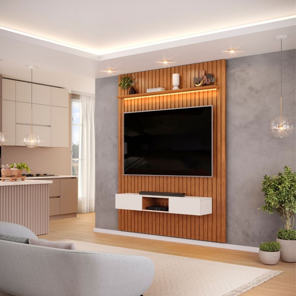 Painel com Bancada para TV até 65 Polegadas Ripado com LED DJ Móveis Trento 183 Freijó Off White em Oferta na Shopee