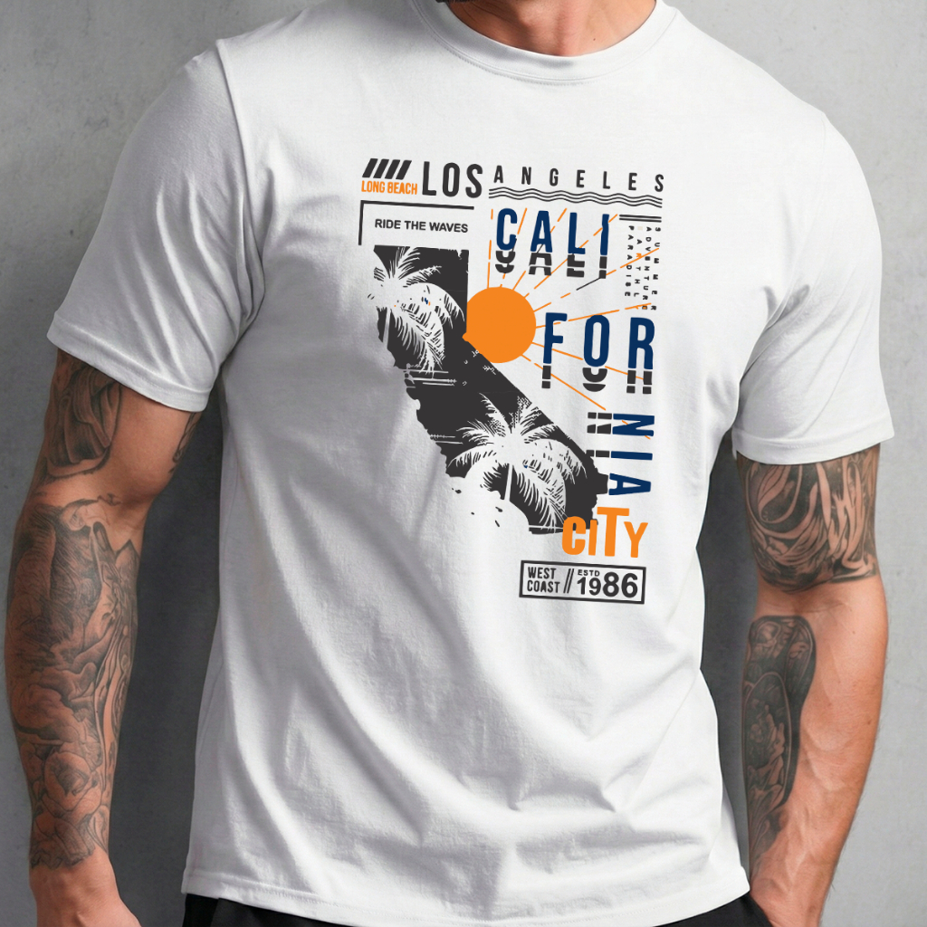Camiseta Basica Masculina Branca Algodão Gola Redonda Manga Curta Estampa City California Estilo Urbano Confortável Leve