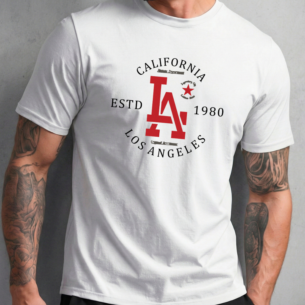 Camiseta Basica Masculina Branca Algodão Gola Redonda Manga Curta Estampa Los Angeles Califórnia Estilo Urbano Conforto