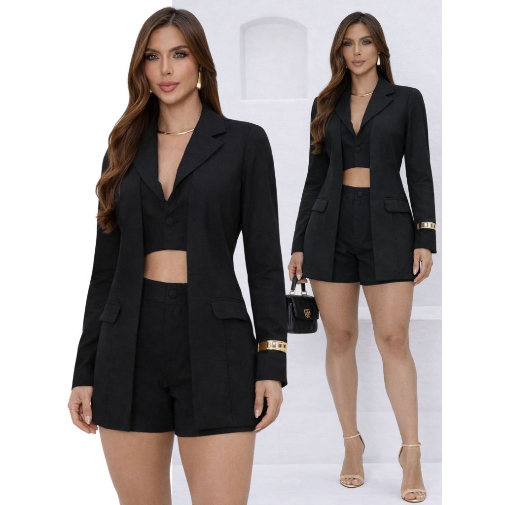 Conjunto Feminino Alfaiataria Blazer Colete Duplo Shorts Curto Elegante Clássico em Oferta na Shopee