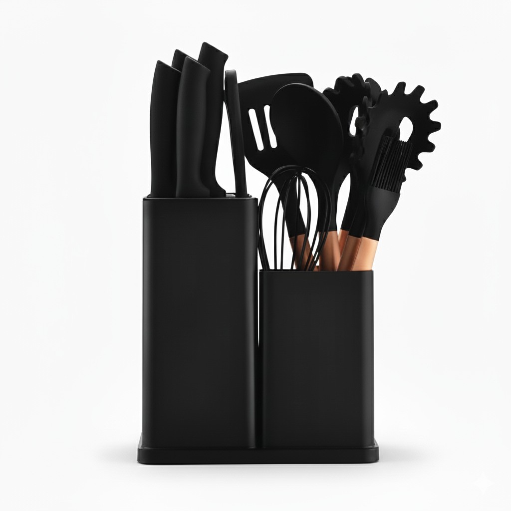 Kit de Utensílios de Cozinha 12 Peças Silicone Cabo de Madeira Preto em Oferta na Shopee