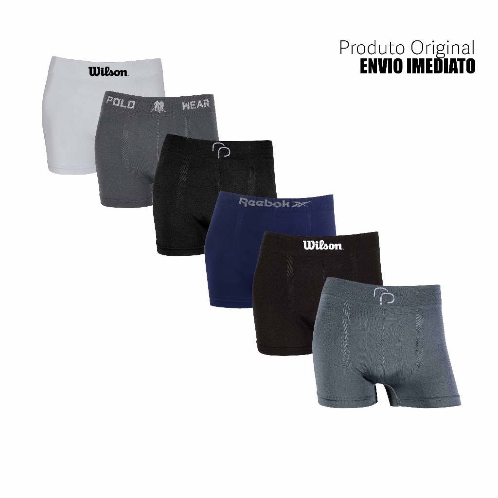 Kit 6 cuecas boxer marca Wilson Reebok Polo Wear Rafa Parize Microfibra Originais Sortidas