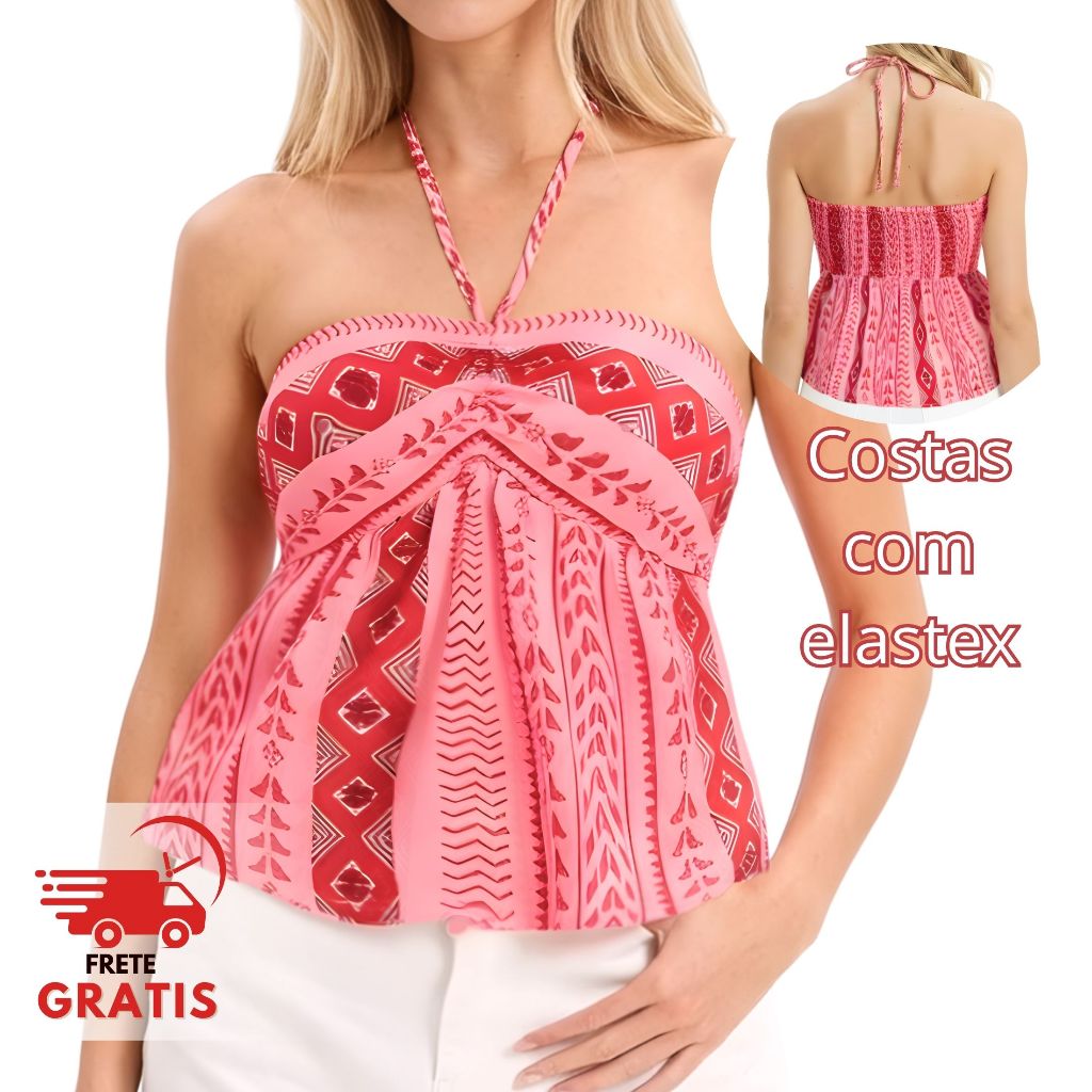 Top Tomara que Caia Feminino Estampa Étnica Boho Chic com Elastex em Oferta na Shopee