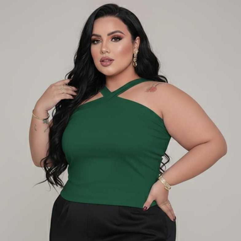 Cropped Feminino Plus Size Básico Decote X Elegante Canelado Premium Modelo All Curve Verão Alça Grossa