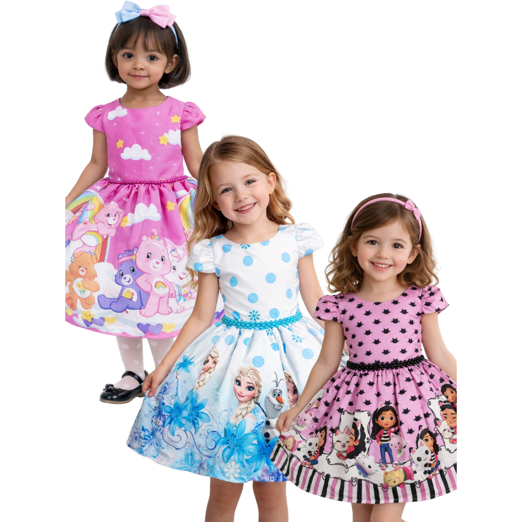 Vestido infantil menina Fantasia temática personagem Frozen minie Gabi G.pintadinha Boneca 3 palavrinhas