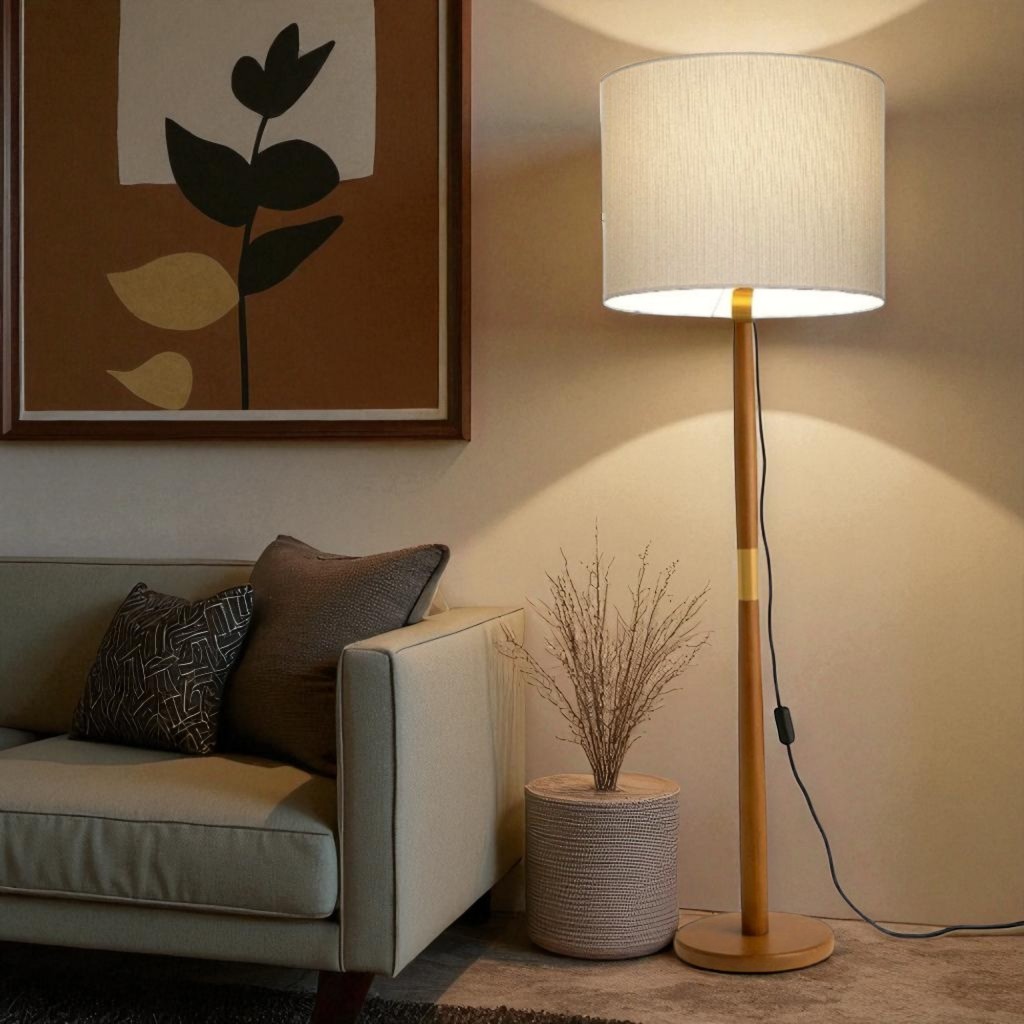 Abajur Luxo Moderna Luminária de Chão Imperial Madeira Cúpula em Tecido Detalhe em Dourado Mais Vendidos Promoção