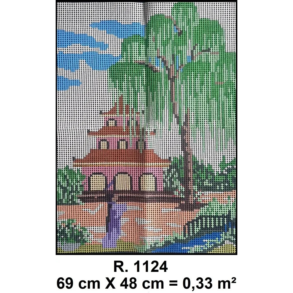 Kit para Bordar Paisagem Japonesa Tela Pintada à Mão + Lãs Paratapet + Agulha Tapestry + Manual