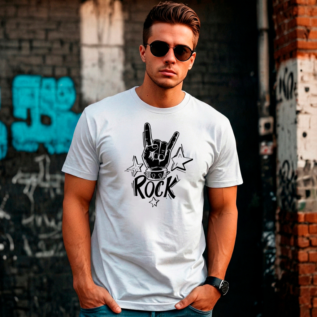 Camiseta Masculina Básica Branca Algodão Gola Redonda Manga Curta Estilo Versátil Conforto Macia Estampa Rock