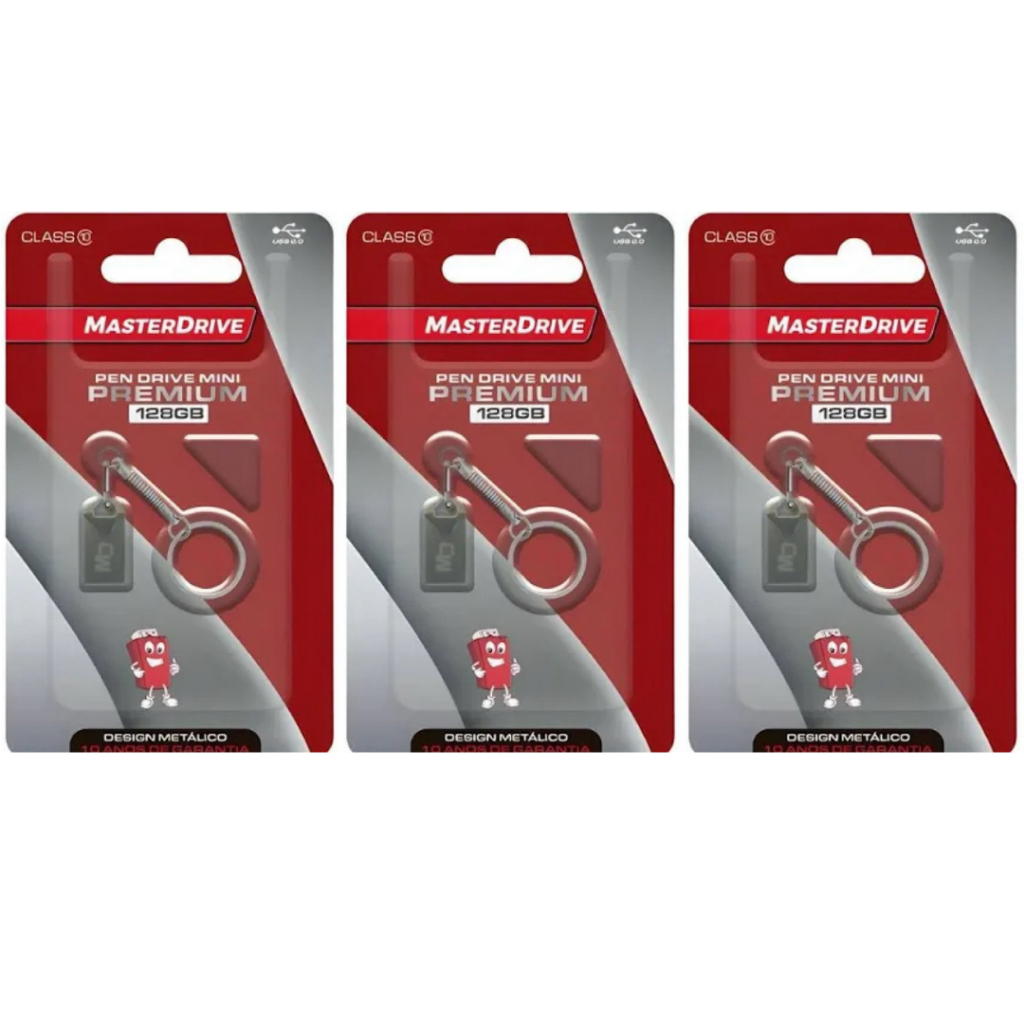 Kit com 3 Pendrive chaveiro mini premium 128gb USB 2.0 masterdrive