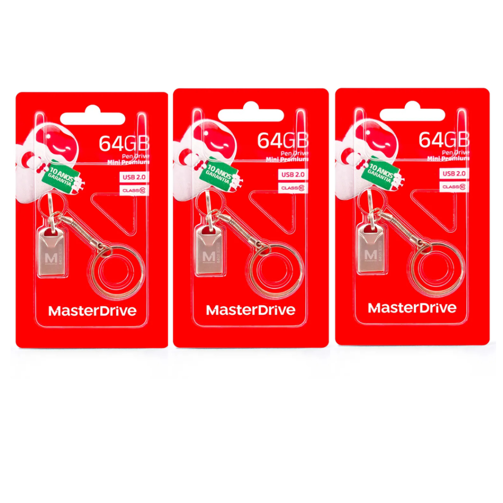 Kit com 3 Pendrive Masterdrive Mini Chaveiro 64GB  USB 2.0 Class10