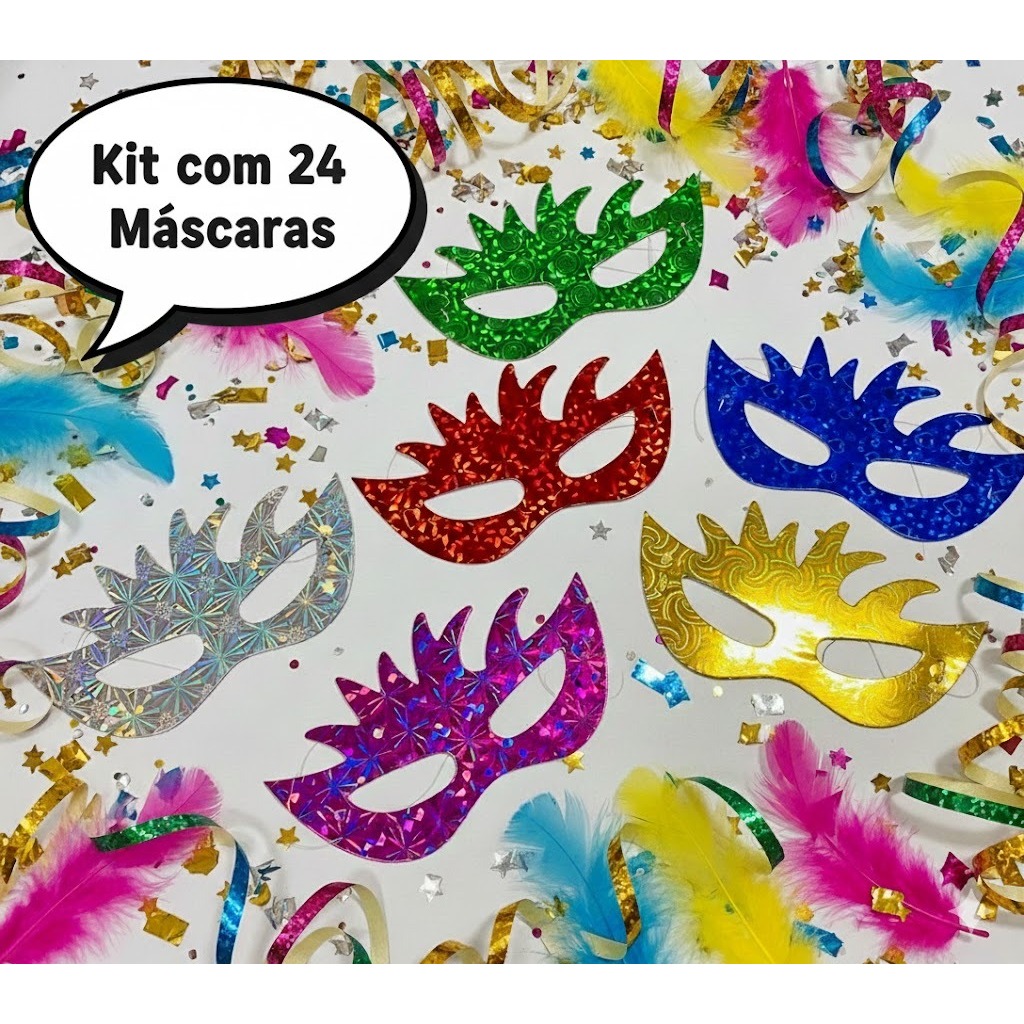 Kit 24 Máscara Holográfica Gatinha Cores Sortidas Carnaval Balada Festa Cosplay Fantasia Aniversário E Eventos