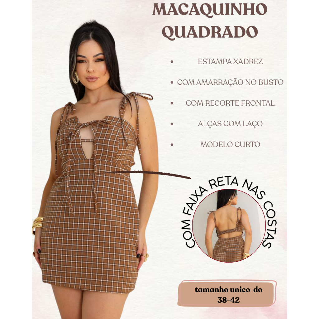 Macaquinho Alfaiataria Xadrez com Decote nas Costas Feminino