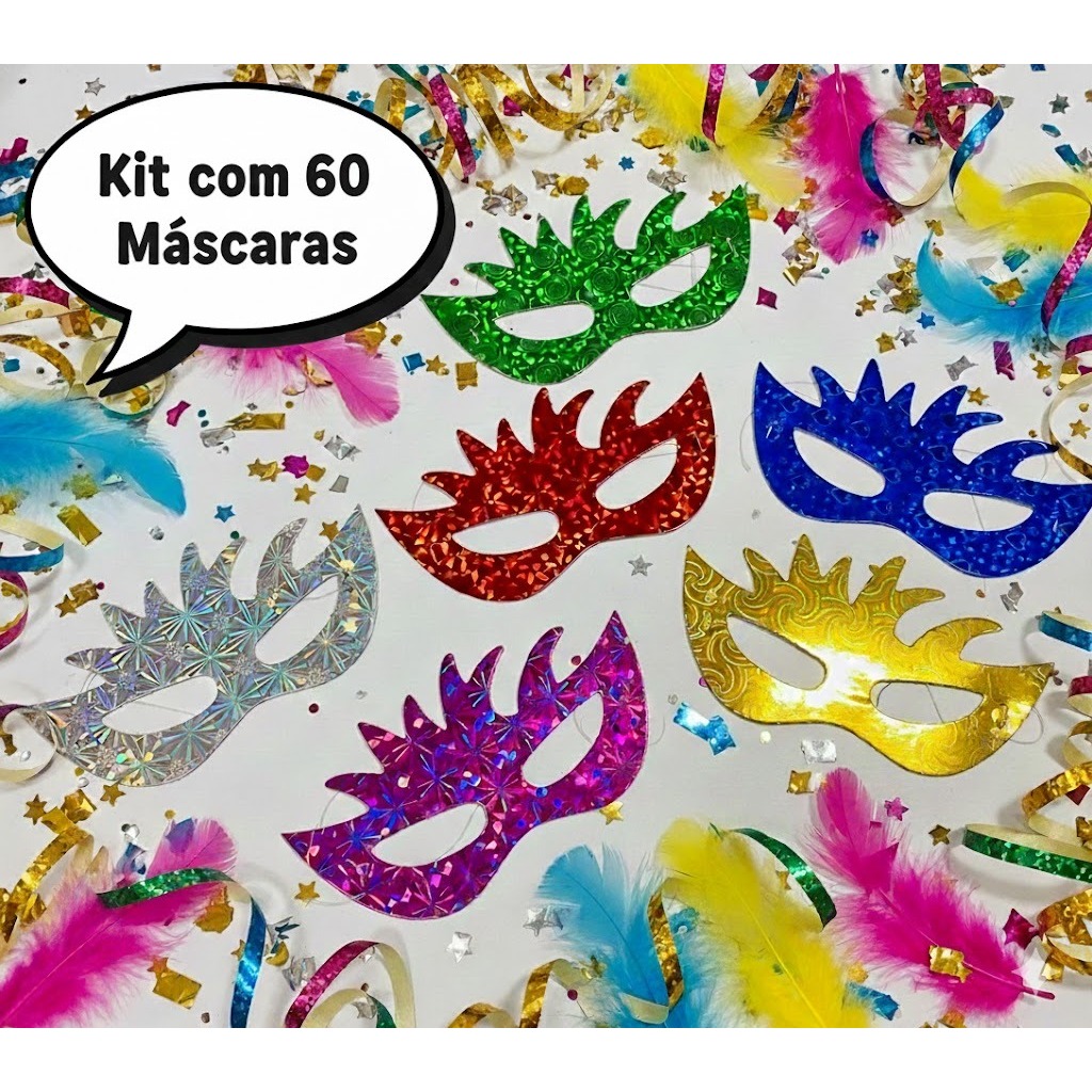 Kit 60 Máscara Holográfica Gatinha Cores Sortidas Carnaval Balada Festa Cosplay Fantasia Aniversário E Eventos