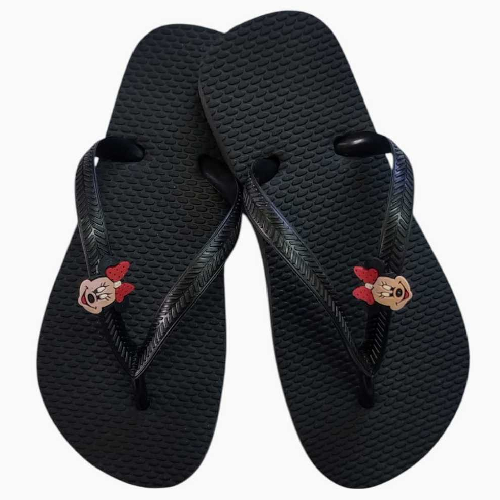 Chinelo Preto Tira Slim Infantil Minnie Mouse Desenho Animado Menina Feminino