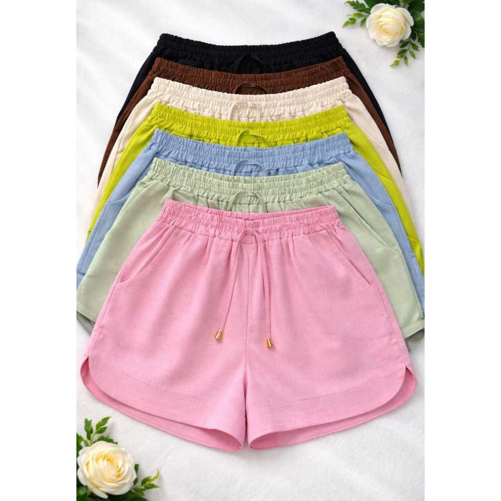 Short Feminino Linho Cintura Alta com Bolsos Laterais, Cós Elástico, Casual e Confortável do P ao GG