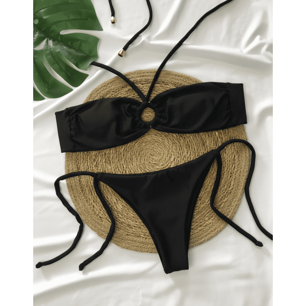 Conjunto Biquini - Calcinha de Amarração Lateral com Top Tomara que Caia com detalhe de Argola Tira Removível..