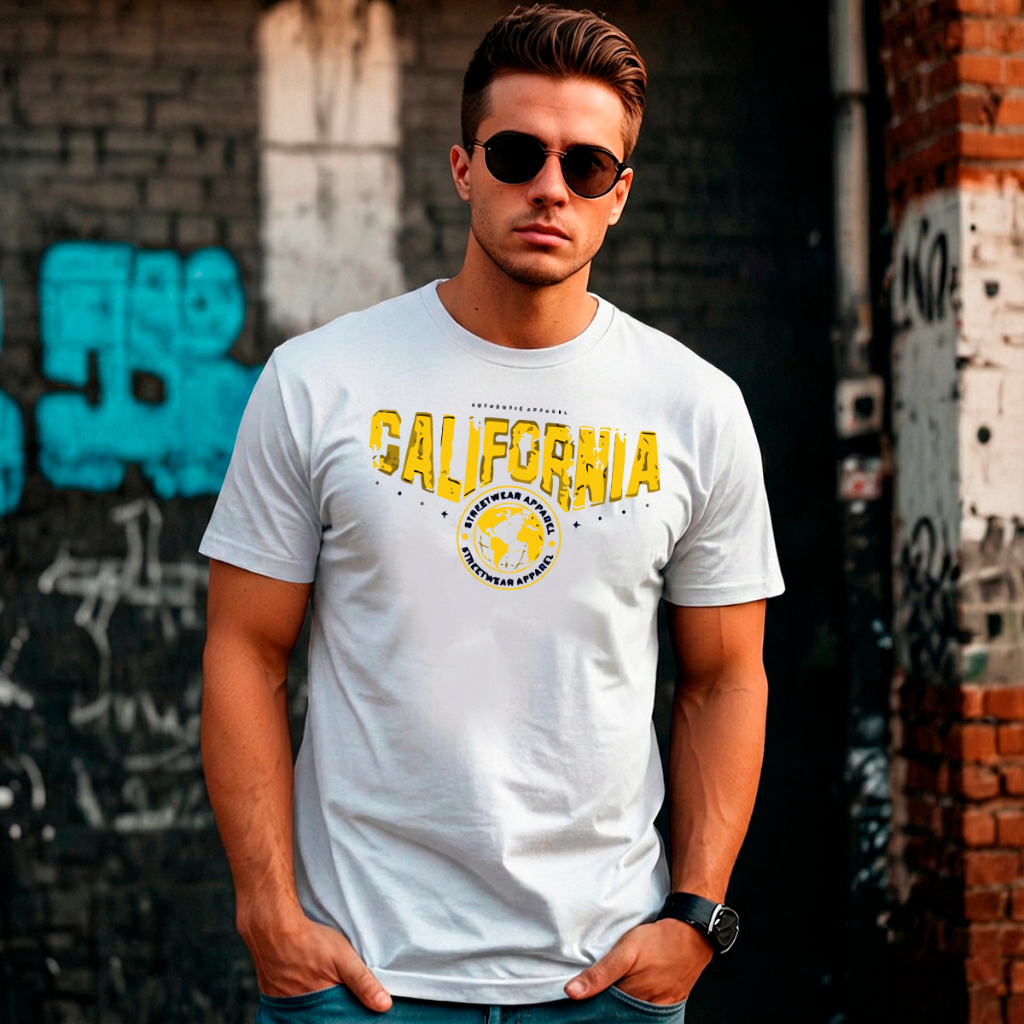 Camiseta Masculina Algodão Basica Branca Manga Curta Gola Redonda Estampa Califórnia City Estilo Urbano Confortável Leve