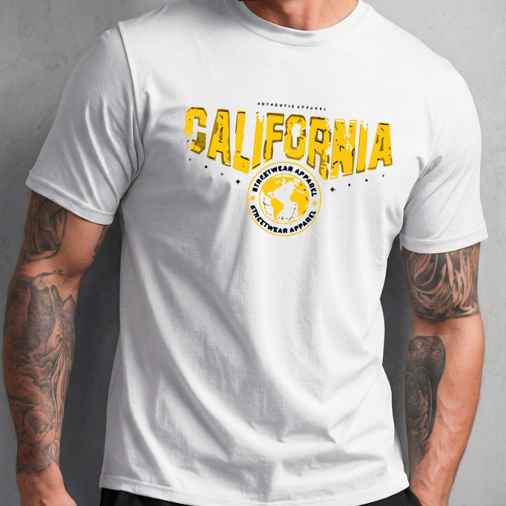 Camiseta Basica Masculina Branca Algodão Gola Redonda Manga Curta Estampa California City Estilo Urbano Confortável Leve