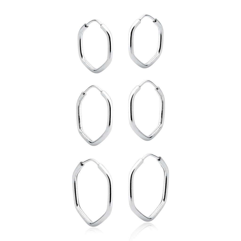 Kit Trio Argolas Hexagono Prata 925 16mm/14mm/12mm