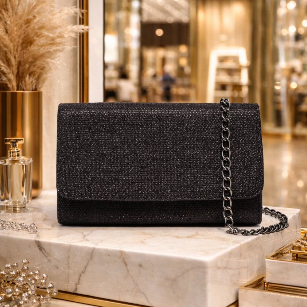 Bolsa Preta Glitter Brilhante Clutch Carteira Porta Celular Alça Corrente De Ombro Moda Festa Elegante Luxo Madrinha