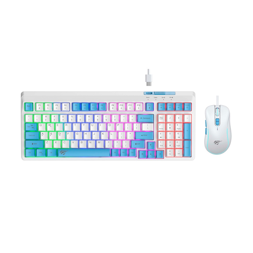 Kit Teclado Mouse Gamer Havit KB891CM Membrana Inglês US Branco