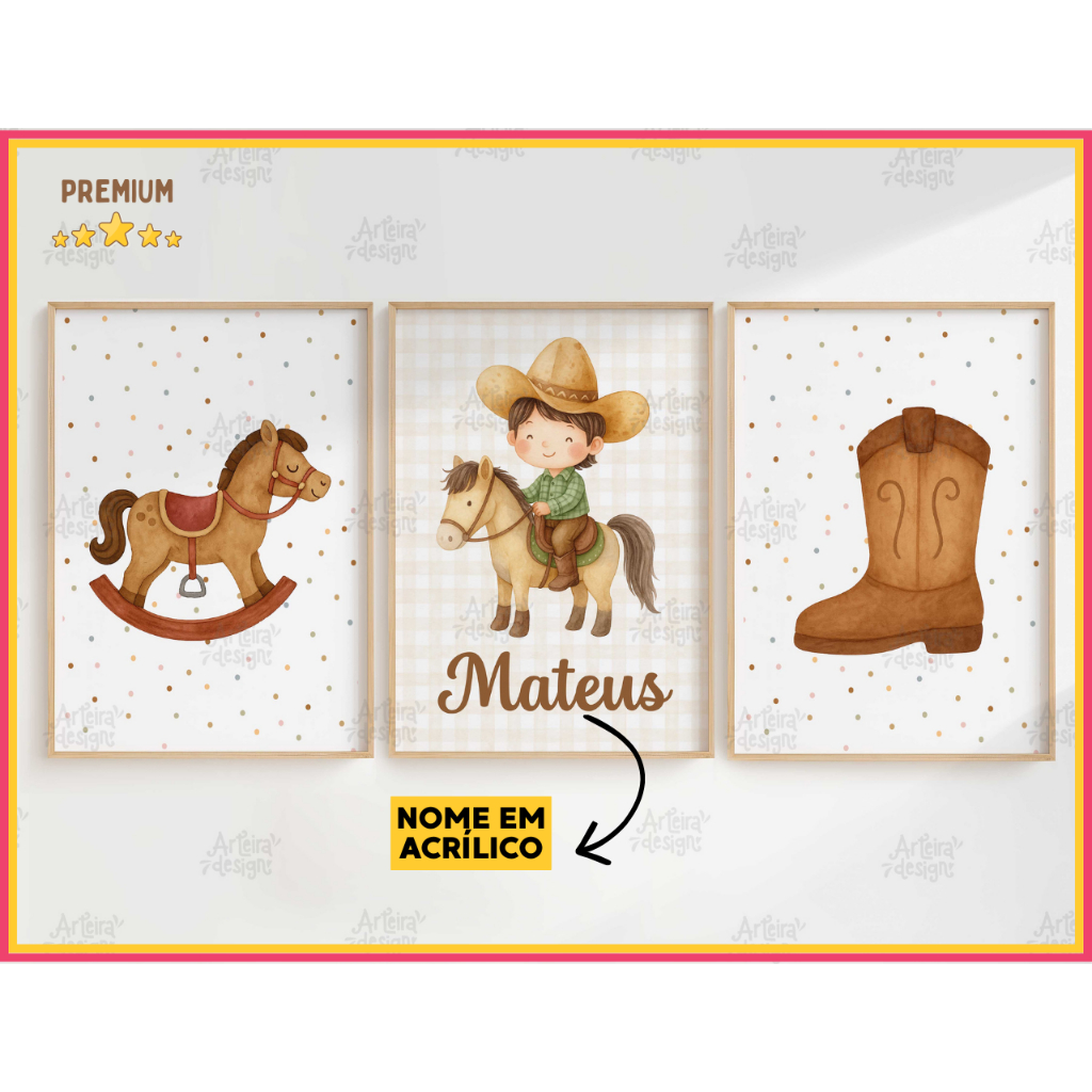 Quadro Decorativo 3 peças CAVALINHO COWBOY Decoração Quarto Infantil Menino NOME EM ACRÍLICO KSMGG24 em Oferta na Shopee