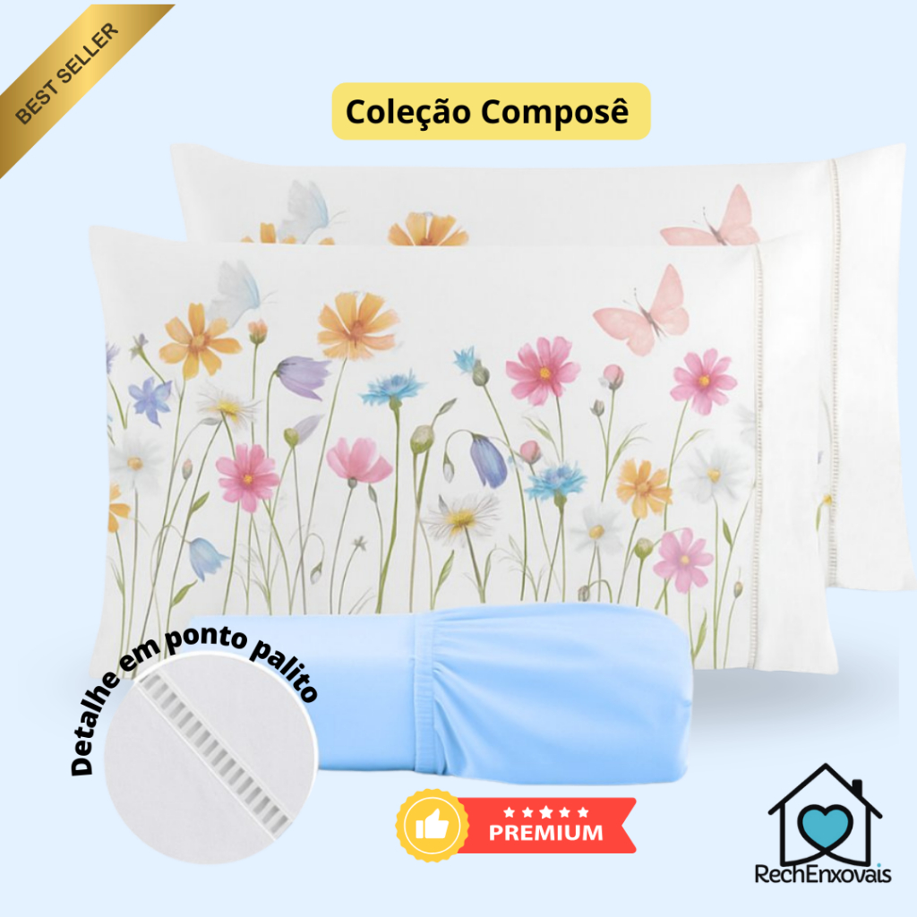 Kit Jogo de Cama Lençol Liso Fronha Estampada Micropercal 400 Fios Ponto Palito