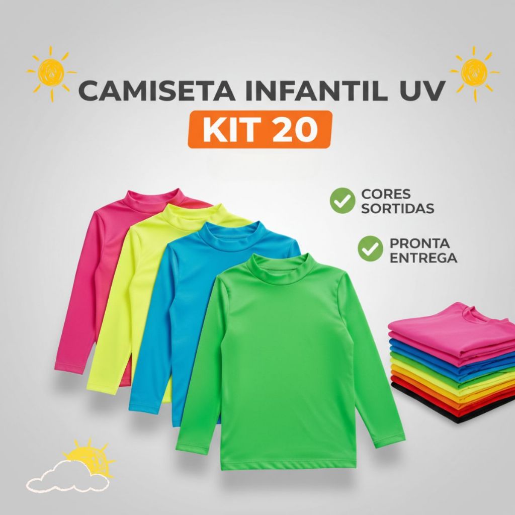 Kit 20 Peças Blusas De Proteção Solar Manga Longa Camisetas UV Infantil Verão Para Menino E Menina